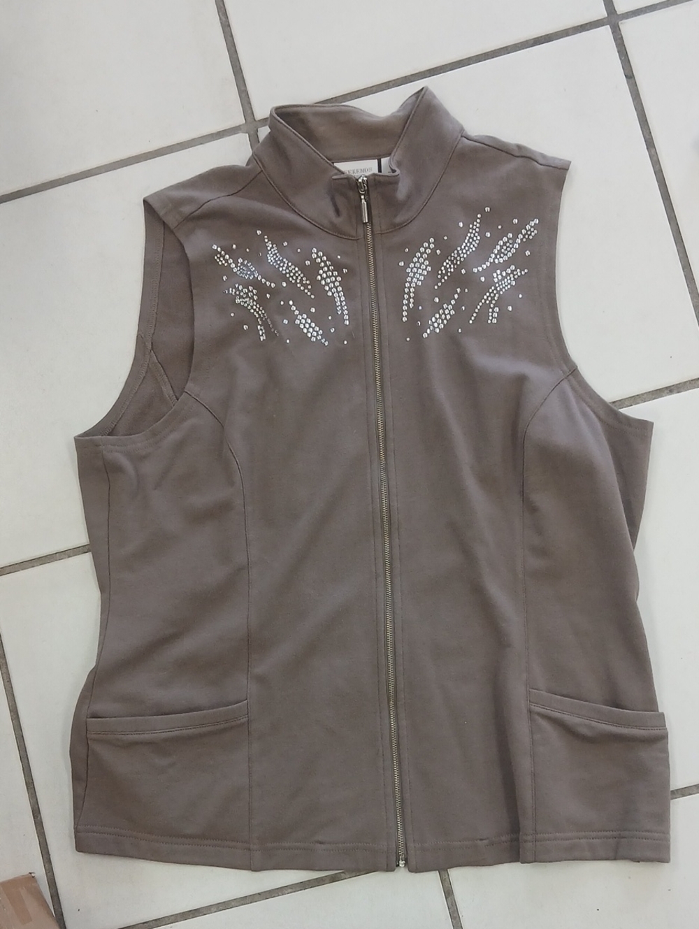 Sleeveless Zip-Front Women's Top with Rhinestone Detail - Taupe